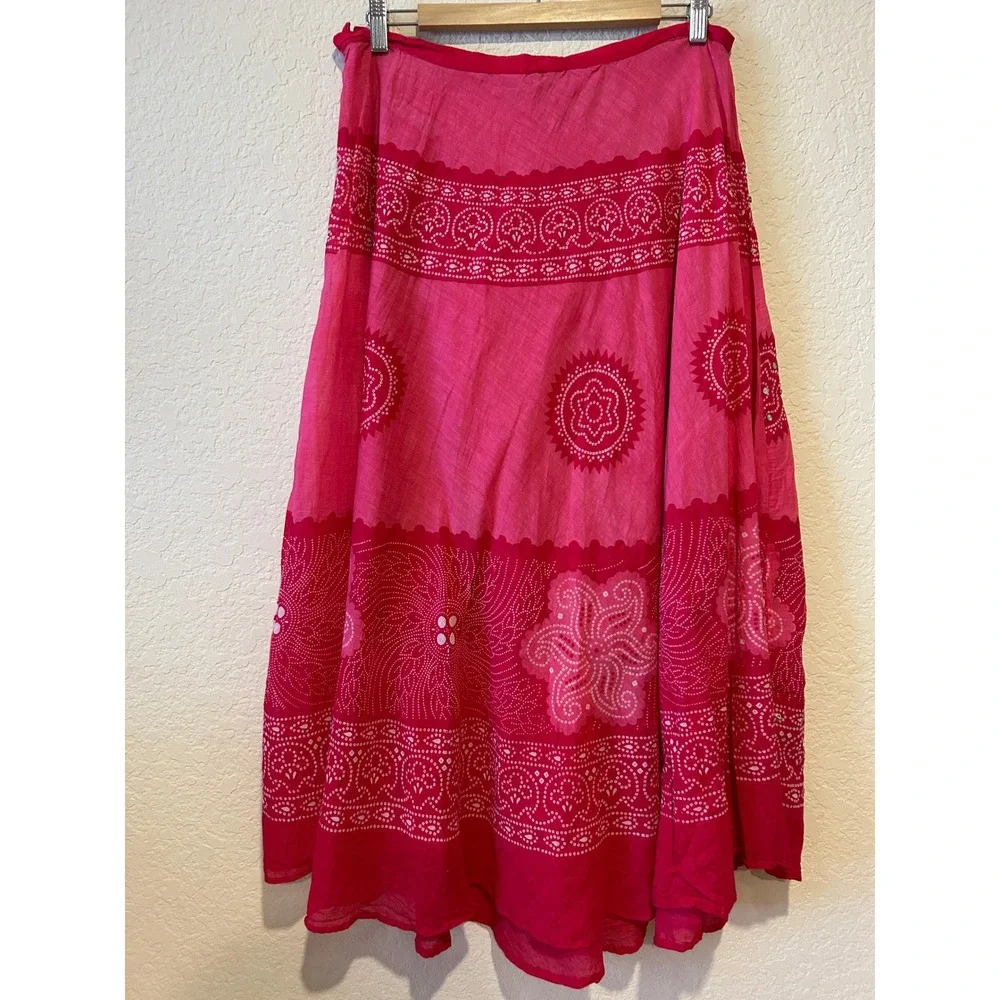 Overdrive Maxi Skirt Size M/L Pink Red Bandhani Print Mirrored Sequin Boho Gauze